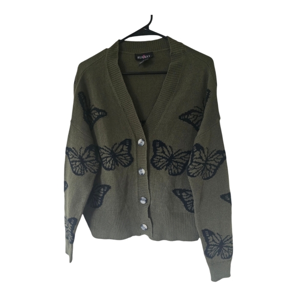 Runway Cardigan Women Sz M Green Long Sleeve Button Up Butterfly Novelty Print - Picture 1 of 10